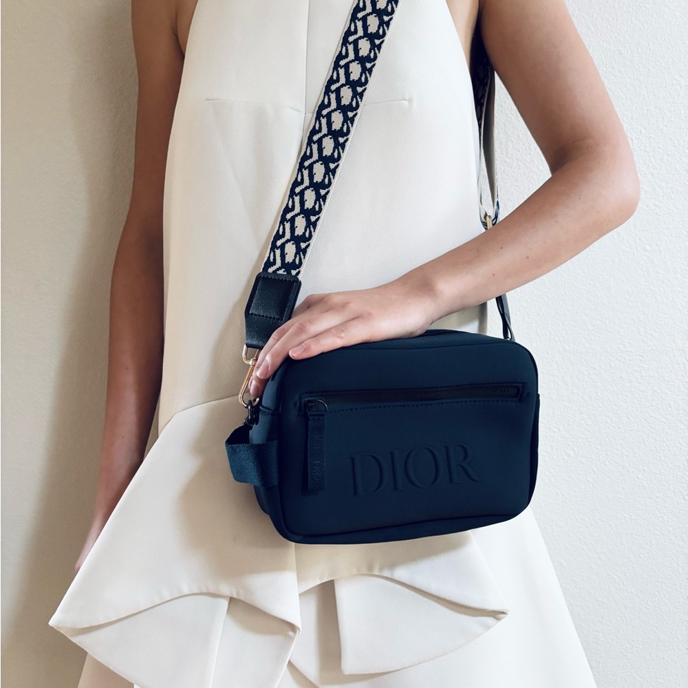DIOR Navy Blue Crossbody Bag sholder strap pattern logo zipper neoprene - Picture 2 of 4